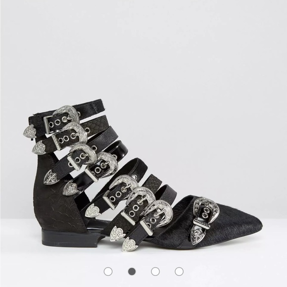 Jeffrey Campbell Psych Multi Buckle Flat Ankle Boots Western Black Suede - 6 - Picture 4 of 16